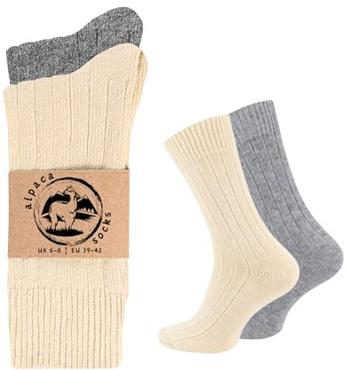 Alpacka ullstrumpor för män och kvinnor, 2 par pack, mjuka, mysiga andningsbara, bekväma, lätta dämpade, termiska promenader vandring ullstrumpor, Ecru-grå, 41.5-43.5 EU