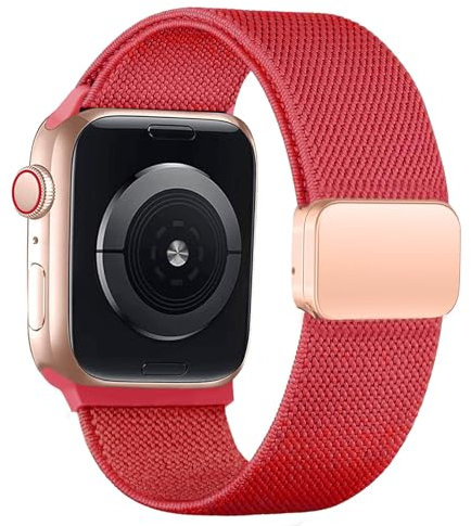 SOLOLUP Elastisch Magnet Armbänder für Apple Watch Armband 40mm 42mm 41mm 38mm Damen Herren,Dehnbar Nylon Stoff Strap Sport Ersatz Band für iWatch SE/2 Armband Series 10 9 8 7 6 5 4 3 Ultra/2,Rot