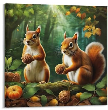 YINXI Wildtier-Kunstwerk-Poster, zwei Eichhörnchen, die Tannenzapfen essen, dekoratives Gemälde, Leinwand-Kunstbild, 50 x 50 cm