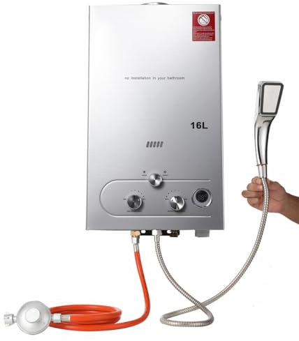 TABODD 16 l Propangas-Durchlauferhitzer mit Druckregler, 32 kW Sofort-Durchlauferhitzer, LPG, tragbarer Warmwasserbereiter, ohne Tank, mit Duschset für Camping, Silber
