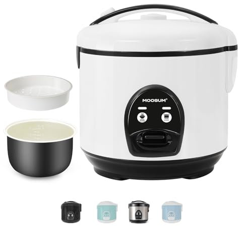 MOOSUM Cuociriso da 5 litri per 2-10 persone, Vaporiera con interno rivestito in ceramica, antiaderente, mantiene in caldo, con paletta per riso e misurino, bianca