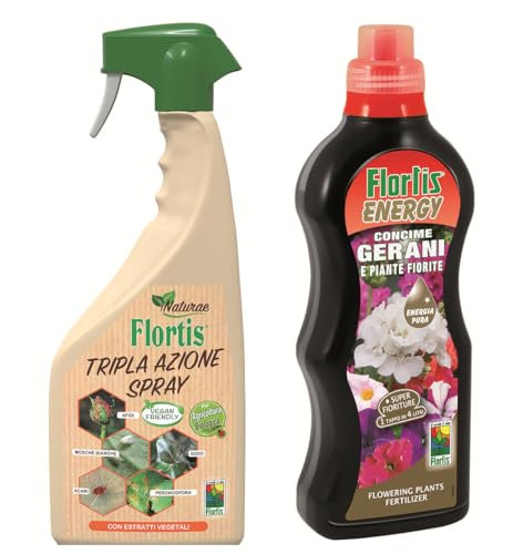 Flortis Kit Benessere Fiori. Set con insetticida piante, fungicida sistemico, acaricida 1000ml e concime liquido Energy gerani e piante fiorite 1200g. Fertilizzante piante e protezione. Pronto all'uso