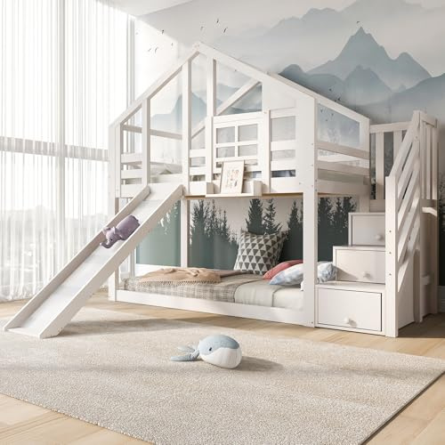 Kayan Kinderbett Hausbett Baumhaus mit Schublade und Rausfallschutz 90 x 200 cm, Hochbett für Kinder–Kinderbett mit rausfallschutz, 2X Lattenrost- 2 Schlafplätze- Weiß