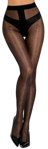 MANZI 20 Denier Fashion Black Polka Dot Patterned Tights Oil Shiny Ultra Sheer Gloss Pantyhose for Women S-M