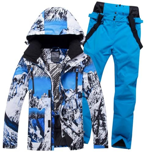 Herren Outdoor-Sport Ski Bergsteigerbekleidung Herren-Skijacken -Hosen-Set, winddicht, isoliert, Schneeanzug, warmer Winter-Snowboard-Schneemantel Bequem Lässig Warme Hemd Herren Kurzarm Set (Blue, M)