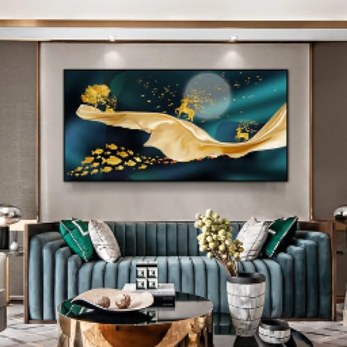 KEMEIQI Luxuriöse Wandkunst, Leinwandgemälde, abstrakt, goldener Geldbaum, Elch, Vollmond, Poster und Drucke, dekorative Bilder für Zuhause, 50 x 70 cm, rahmenlos