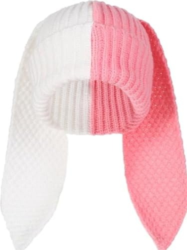 YEKEYI Knit Beanie Hats Cute Long Ears Funny Hat Winter Cap Warm Skull Cap Ski Hat White Pink