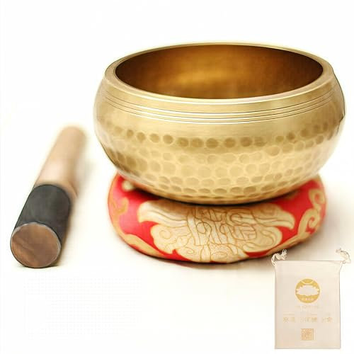 Fay Bless Tibetisches Klangschalen-Set – einfach zu spielen für Anfänger – authentische handgefertigte Achtsamkeitsmeditation ganzheitlicher Klang (Gold, 15 cm)