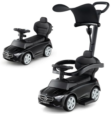COSTWAY 3 in 1 Ride on Push Car, Mercedes-Benz Licensed Toddler Sliding Car with Steering Handle and Wheel, Horn, Adjustable Canopy, Foot to Floor Slider for Boys Girls 18-36 Months Old (Black)