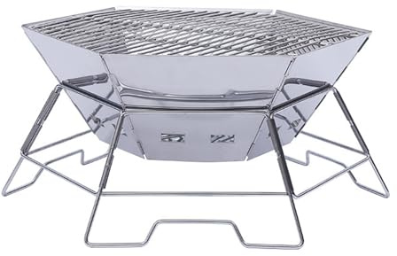 Folding Camping Stove Portable Hexagonal Oven Charcoal BBQ Firepit with Grill,Folding Stainless Steel Fire Pit for Bonfire Backyard Patio Deck Camp Picnic