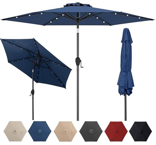 RELAX4LIFE Parasol Inclinable LED 230cm, Parasol de Jardin Extérieur LED, 6 Baleines Robustes, Mât en Métal, Manivelle, Inclinaison à 35°, Protection Solaire pour Balcon Terrasse (Bleu Foncé)