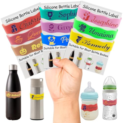 Wasserflasche Etiketten personalisierte Flasche Etiketten Kindertagesstätte wiederverwendbar, Silikon Babyflasche Wasserflasche Name Bands, Wasserflasche Etiketten wasserdichtes Material Pack von 3