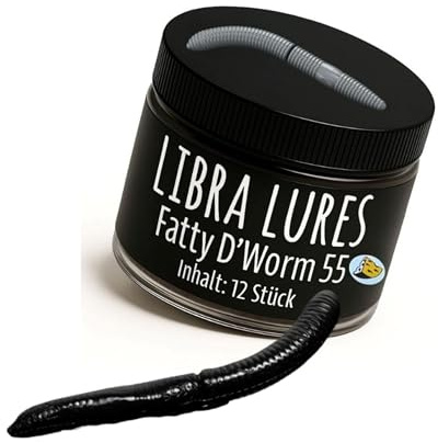 Libra Lures Fatty D`Worm Tournament 55mm Forellenköder Supersoft | 12 Stück | Aroma: Käse | Farbe: 040/ Black | Gummiköder | Forellenköder Neuheiten | Erfolgreicher Forellen Angeln mit dem Fatty
