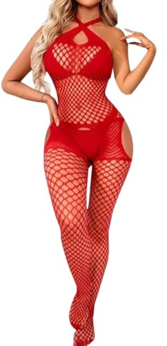 ROSVAJFY Lingerie Femme Bodystocking Maille Résille Élastique Transparente Catsuit Sexy avec Col Licou Croisé et Creux Combinaison Collants sans Manches Body Vêtements de Nuit Robe de Nuit