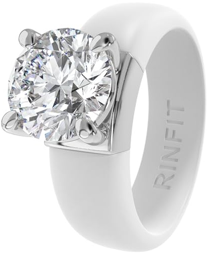 Rinfit Silicone Ring with Stone - Round Cut Cubic Zirconia Solitaire Engagement Ring for Women - Rubber Wedding Bands - White/Silver - Size 8