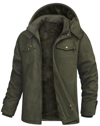Lonya Veste Homme Coton Cargo Blouson Polaire Chaude Hiver Bomber Militaire Manteau avec Poches Coupe-vent avec Capuche, Travail Extérieur Cyclisme, Vert, M