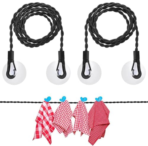 2 Stück Wäscheleine, CampingWäscheleine Seil-wäscheleine Reise-Wäscheleine Tragbare Einziehbarewäscheleine mit Haken und Saugnäpfen 1.5m und 3m Länge Ideal für Camper und Rucksackreisen (Schwarz)