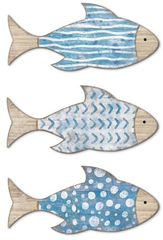 3 statuette in legno da appendere alla parete a forma di pesci, in stile marino, decorazione per case di fattoria costiera, tema spiaggia, cabina, stile marino, ornamenti da parete