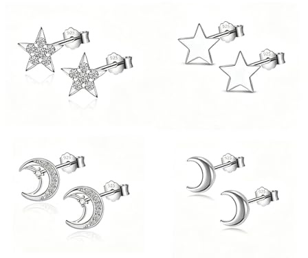 HinDaLi 4 Paires Boucles d'oreilles Lune Étoile Argent 925 pour Femme Fille Clous d'oreilles Argent Zirconium Boucles d'oreilles Femme Lune Étoile Petite Boucles d Oreilles Clou Bijoux