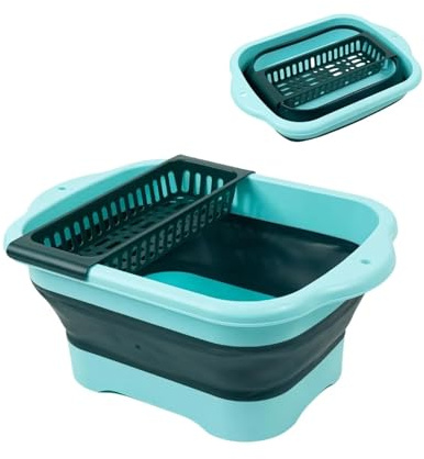 Collapsible Dish Basin with Drain Plug, 11L/2.91 Gallon Portable Bucket for Dish Pan and Vegetable, Space Saving Wash Basin for Station Campin/Camping/Rv/Kitchen(Green)