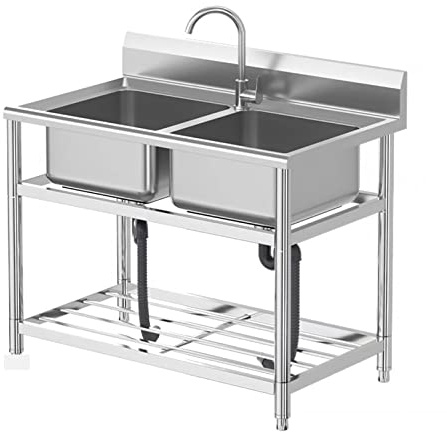 Lavello autoportante a doppia vasca in acciaio inox con rubinetto e ripiani portaoggetti, ideale per uso interno ed esterno, ristorante e fattoria