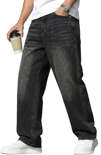 Muwodkdn Jean Baggy Homme Jeans Skater à Jambe Large Y2K Streetwear Vintage Mode Jeans Droite Loose Fit Pantalon en Denim avec Poches Hip-Hop Pants Décontracté Noir L