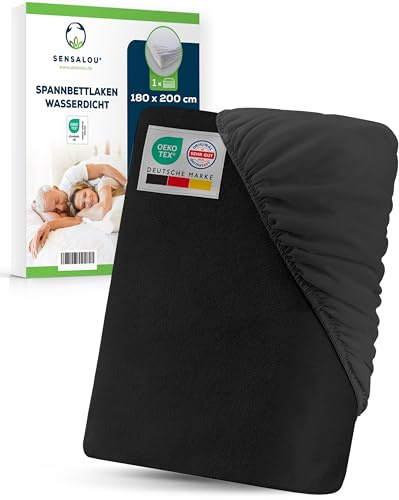 Sensalou Lenzuolo Con Angoli Impermeabile 180 x 200 cm Nero – Superficie in Spugna Morbida per Letto Singolo e Adulto – Protezione Materasso Traspirante Silenziosa Oeko-Tex Dermatest