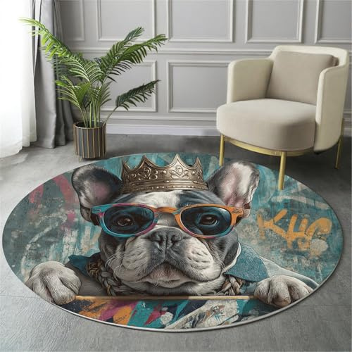 ALTCIRNMD Sonnenbrillen-Gekrönte Bulldogge Blau Weiß Weicher Runder Kurzflor-Teppich Graffiti-Tiere Für Wohnzimmer & Schlafzimmer,Einfache Pflege,Heimbüro-Dekoration,100Cm Durchmesser