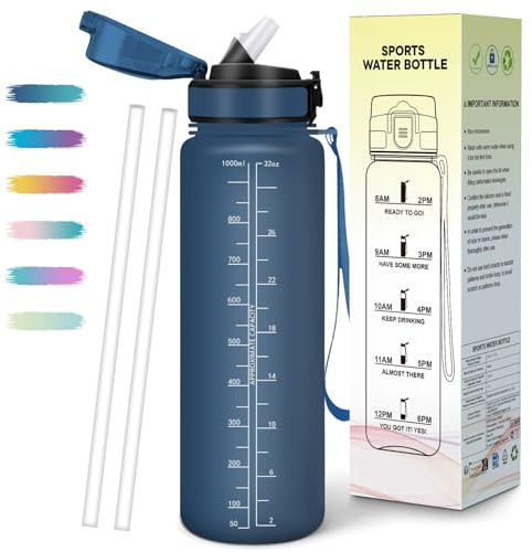 Mulbijeo Borraccia 1 Litro, Libre de BPA & Reutilizables, Borracce con Cannuccia, A Prova di Perdita, Borraccia Motivazionale, Portatile, Borracce Palestra per Scuola, Palestra, Ufficio, Festa