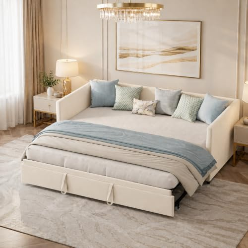 Quiaviank Utdragbar dagsäng, 90/180 x 200 cm, multifunktionssäng med sovfunktion, bäddsoffa med ribbotten, dubbel bäddsoffa för vardagsrum, sovrum, sammetstyg, beige, utan madrass
