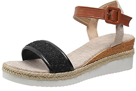 Uwdiohq Sandalias Planas Mujer Elegantes Gruesa Con Tacón Cuña Y Hebilla Punta Abierta Decorativas Lentejuelas Verano A La Para Caña (Black, 39) Barefoot Esparto Esparteras Talla 35 Cuñas