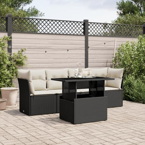 KKHOMEI Rattan Gartenmöbel Set mit Höhenverstellbarer Gartentisch Balkonlounge L Form Balkonmöbel Kleiner Balkon Garten Lounge Set Sitzecke Outdoor Ecklounge Schwarz und Creme 5-TLG Type-769