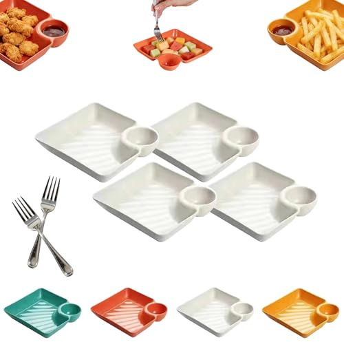 2 in 1 Snackschale und Dipschalen Servierplatten 4er-Set,Dumpling Plate with Sauce Dish,Japanische Teigtaschenteller mit Dip-Schale,Kunststoff Servierplatte für Snacks,Salate,Chips und Teigta (Weiß)