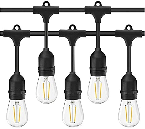 Fuente de alimentación de cadena LED S14 para exteriores, 4 9FT Heavy Duty Commercial Grade IP65 Festoon brilla con 15 piezas de 2 W LED Edison Lámparas E27 Base Perfecta para Fiesta, Backyard, Café
