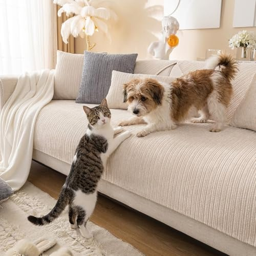 XRDSHY Sofabezug Anti Rutsch Sofa Überzug aus Chenille, Sofaschoner rutschfest Couch Überzug für Hunde & Katzen auf Ecksofa L & U Form, Waschbarer Sitzkissenbezug Kratzfest (Weiß 1, 90x180cm)