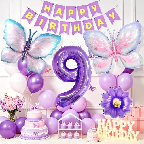decoración cumpleaños niña años globos mariposas color lila fiesta infantil | decoración cumpleaños niña 9 años globos mariposas color lila fiesta infantil adornos inflables figura numérica