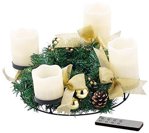 Britesta Adventskranzkerzen LED: Adventskranz, golden, 4 weiße LED-Kerzen mit bewegter Flamme (Adventskranz Elektrische Kerzen, modern, Gold)