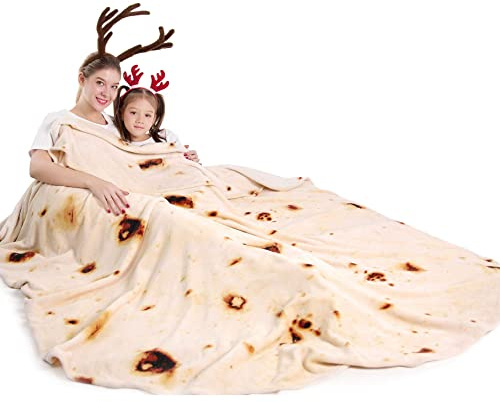 mermaker Burrito Tortilla Taco Blanket 60 inches for Adult Kids, Realistic Tortilla Throw Blanket Funny Gifts for Women Men Teen Boy Girl, Soft Flannel Food Blanket for Christmas Birthday Gifts-Beige