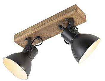 QAZQA - Industrie I Vintage I IndustrieSpot I Spotlight I Deckenspot I Deckenstrahler I Strahler I Lampe I Leuchte schwarz mit Mangoholz 2-flammig-hell - Mangos I Schlafzimmer - Stahl Länglich I Rund