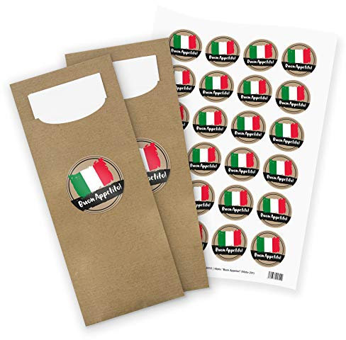 itenga 24x Bestecktaschen Pochetten aus Papier inkl. Serviette I Buon Appetito! I 8,2 cm x 20,0 cm I geeignet für italienische Anlässe, Mottopartys oder Geburtstagen
