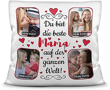 Print Royal Kissen mit Füllung zum selbst Gestalten mit 4 Fotos - Für die Beste Mama - Hochwertige Kissenhülle mit Reißverschluss, Weiß flauschig, 40 x 40 cm