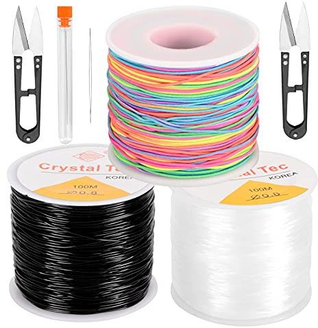 LUNEKUCK 3 Rollen Schmuckfaden Elastisch Schnur Perlen Kordel für Armband Elastisch Gummiband mit je 50 m Transparent Schwarz Regenbogen Bastelschnur