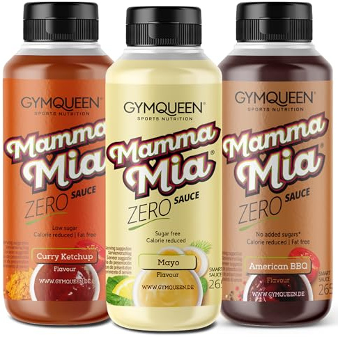 GymQueen Mamma Mia Zero Sauce 3x265ml, kalorienarm, ohne Fett & ohne Zucker, zum Verfeinern von Gerichten oder als Salat-Dressing, vegetarisch und laktosefrei, Grill Set