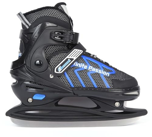 Verstellbar Eishockey Schlittschuhe für Herren Damen Erwachsene Kinder, Edelstahl Ice Skates, Eislaufschuhe mit Schnellschnürsystem & Push-Lock-Schnalle für Sicheren Halt (Schwarz blau, XXL45_47)