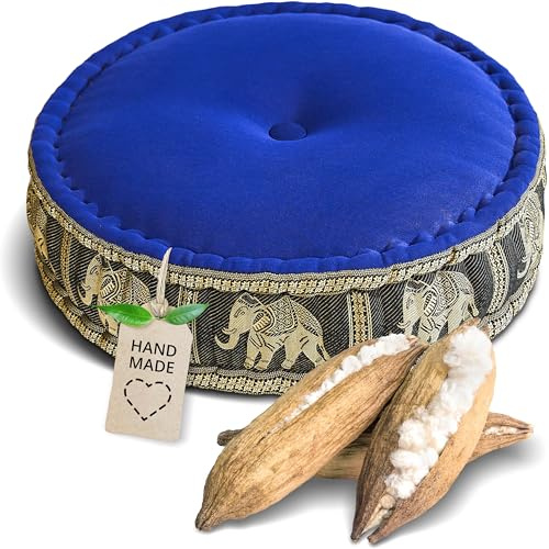 Livasia Coussin de méditation en Soie thaï - Ø 45x15cm - Coussin de Yoga en kapok, Pouf, Coussin de Sol Yoga méditation Zen, Coussin d’Assise Jardin Balcon, Coussin zafu (Bleu/Noir/Éléphants Soie)