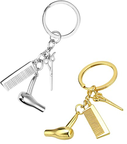 Friseur Schlüsselanhänger Schere Kamm Fön Schlüsselanhänger Legierung | Schlüsselbund für Salonbesitzer Friseur Schmuck Geschenk Abschlussgeschenk, Silber & Gold