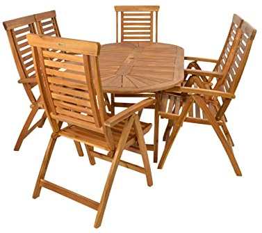 Rattanland® Gartenmöbel Set Holz, Klappbar Bristol Gartentisch mit 6 Ascot Stühlen (FSC® - zertifiziertes Teakholz) Möbelsets, Ausziehbar Gartentisch, Möbel für Garten