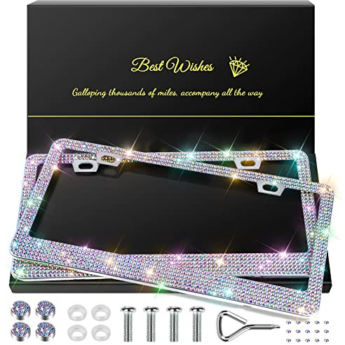QUANQIUFEI, 2 Stück, Bling, Kennzeichenrahmen für Frauen, Glitzernde Strass-Diamant-Autozubehör mit Glitzer-Kristallkappen, Bunt