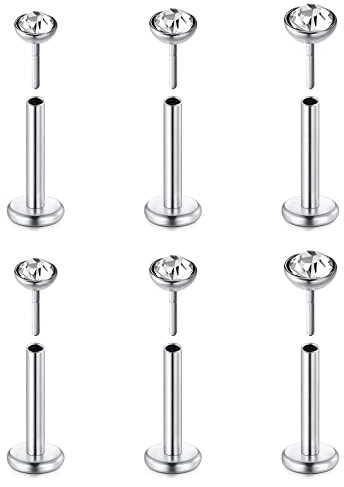 Mayhoop 20G=0.8mm Tragus Helix Piercing Push In Lippenpiercing Nasenpiercing Chirurgenstahl Nasenringe Piercing Lippe Labret Stud Ohrringe mit CZ für Damen Herren 6St