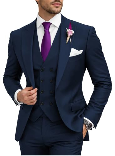 Wangyue Mens 3 Piece Suit Slim Fit Double Breasted Suits Wedding Party One Button Jacket Vest Pants Beige